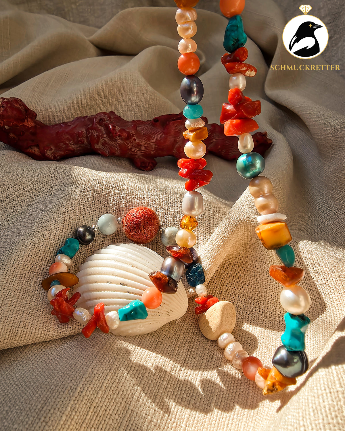 Farben der Karibik – Unikatkette mit Larimar, Koralle, Perlen & Türkis