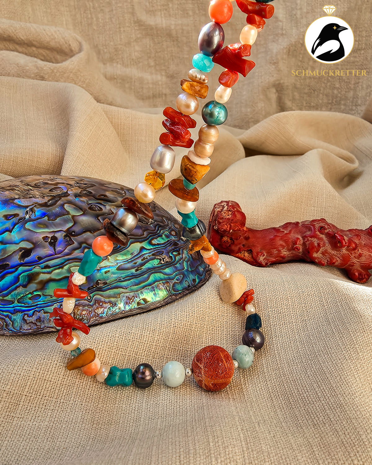 Farben der Karibik – Unikatkette mit Larimar, Koralle, Perlen & Türkis