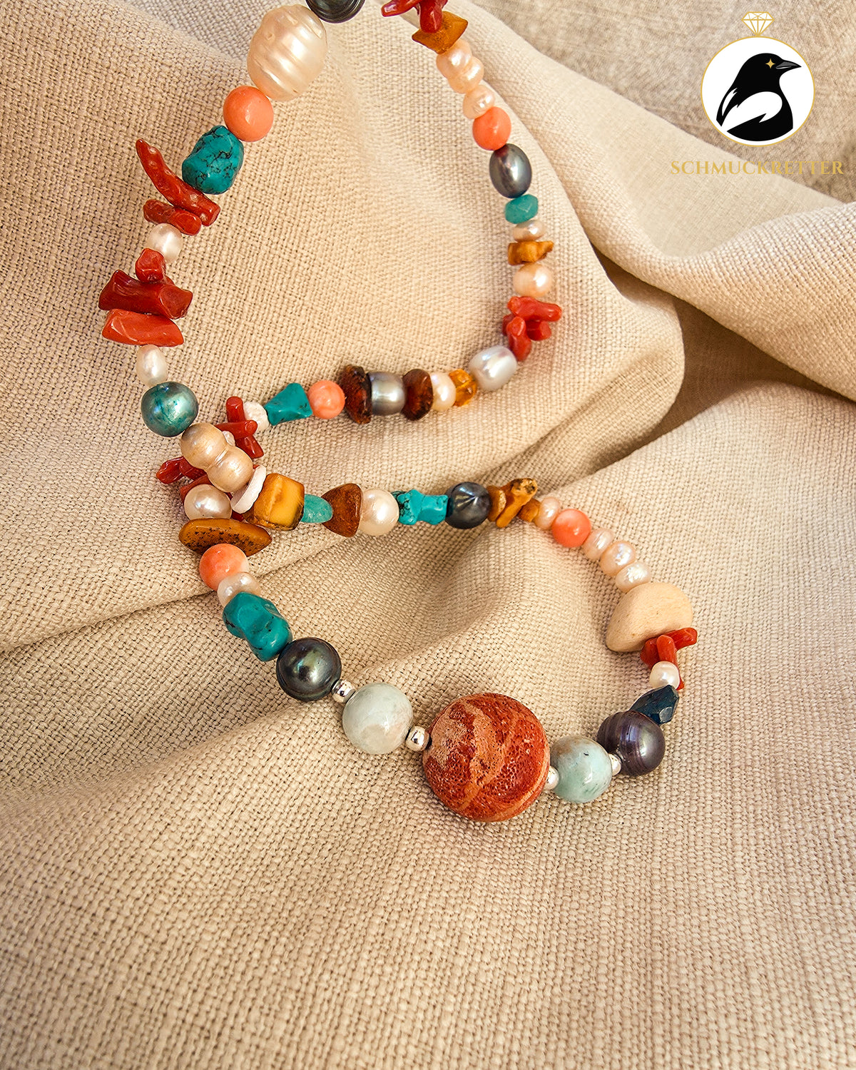 Farben der Karibik – Unikatkette mit Larimar, Koralle, Perlen & Türkis