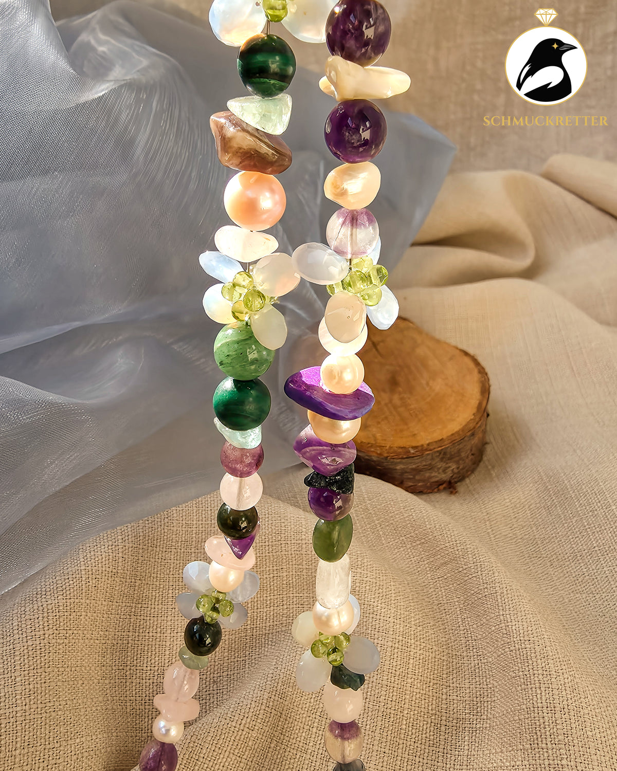 Elfenwiese – Unikatkette mit Amethyst, Chalcedon, Peridot & Perlen