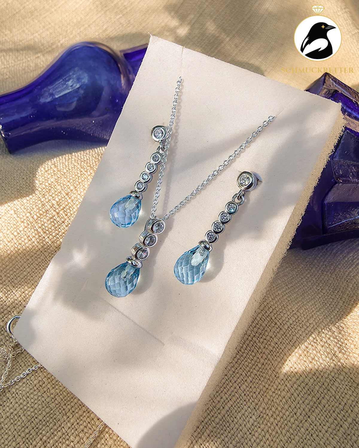 Set „Eislicht“ – Blautopas & Zirkonia in rhodiniertem 925 Silber