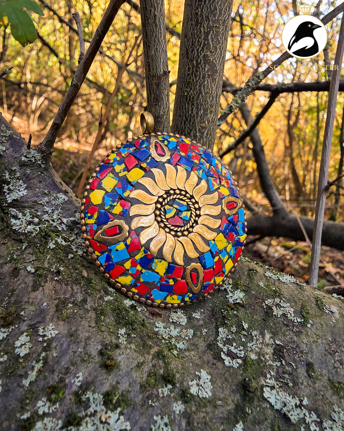 Großer Vintage Mosaik-Anhänger aus Nepal – Messing