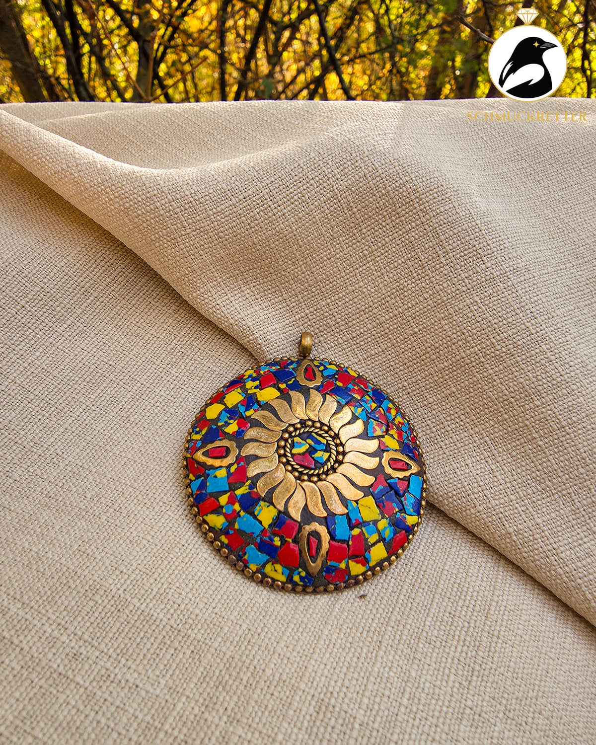Großer Vintage Mosaik-Anhänger aus Nepal – Messing