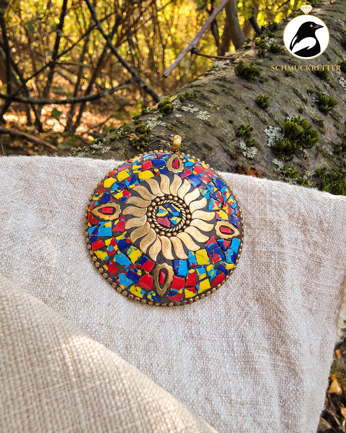 Großer Vintage Mosaik-Anhänger aus Nepal – Messing