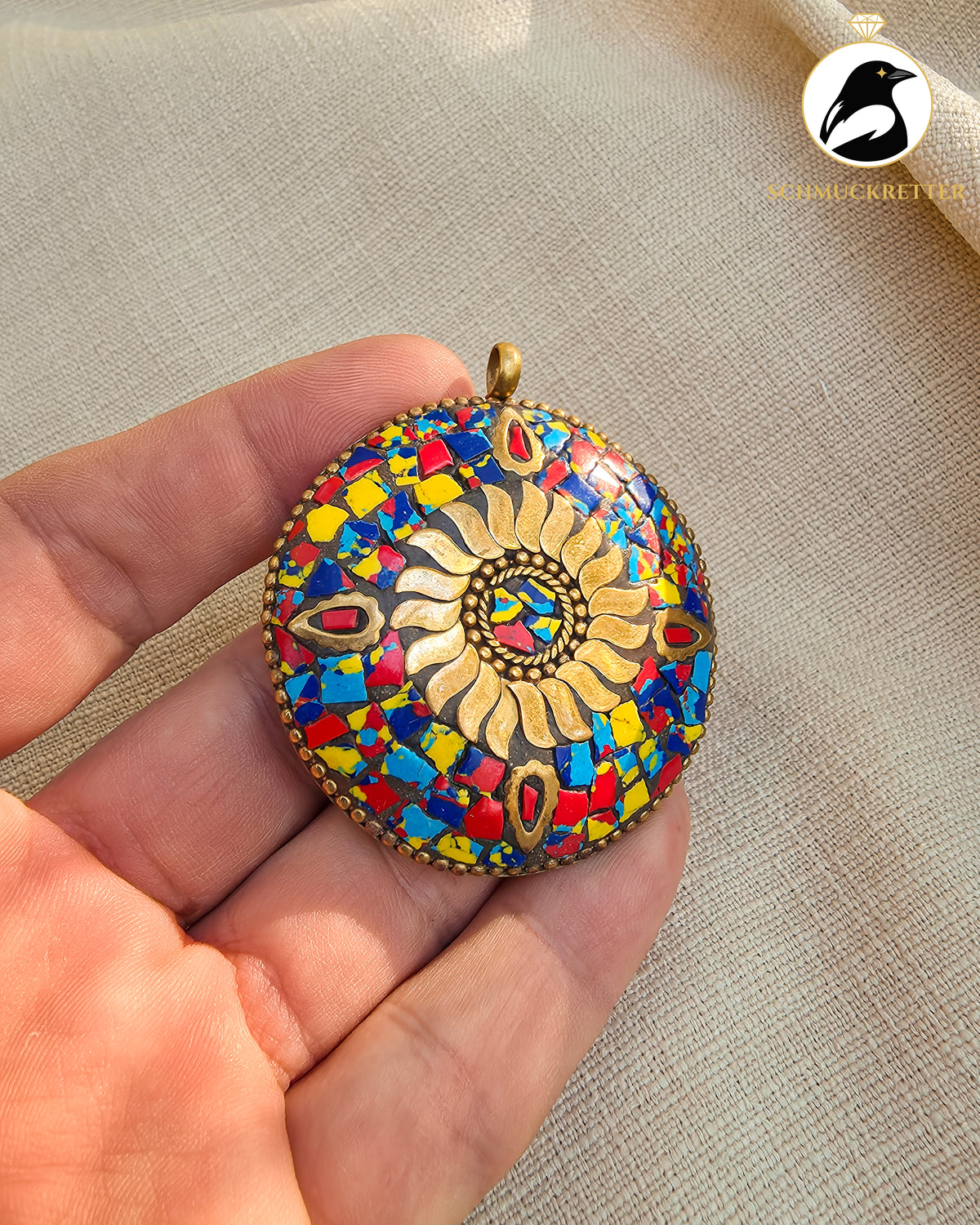 Großer Vintage Mosaik-Anhänger aus Nepal – Messing