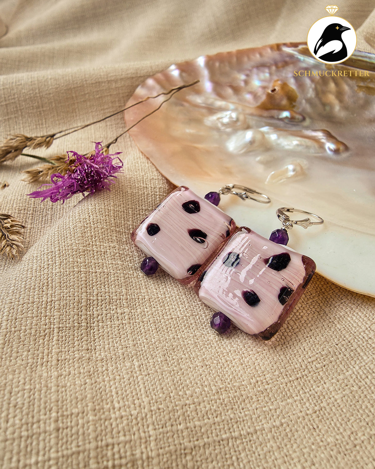 Bonbonladen – handgefertigte Ohrringe mit Glas & Amethyst, Unikat