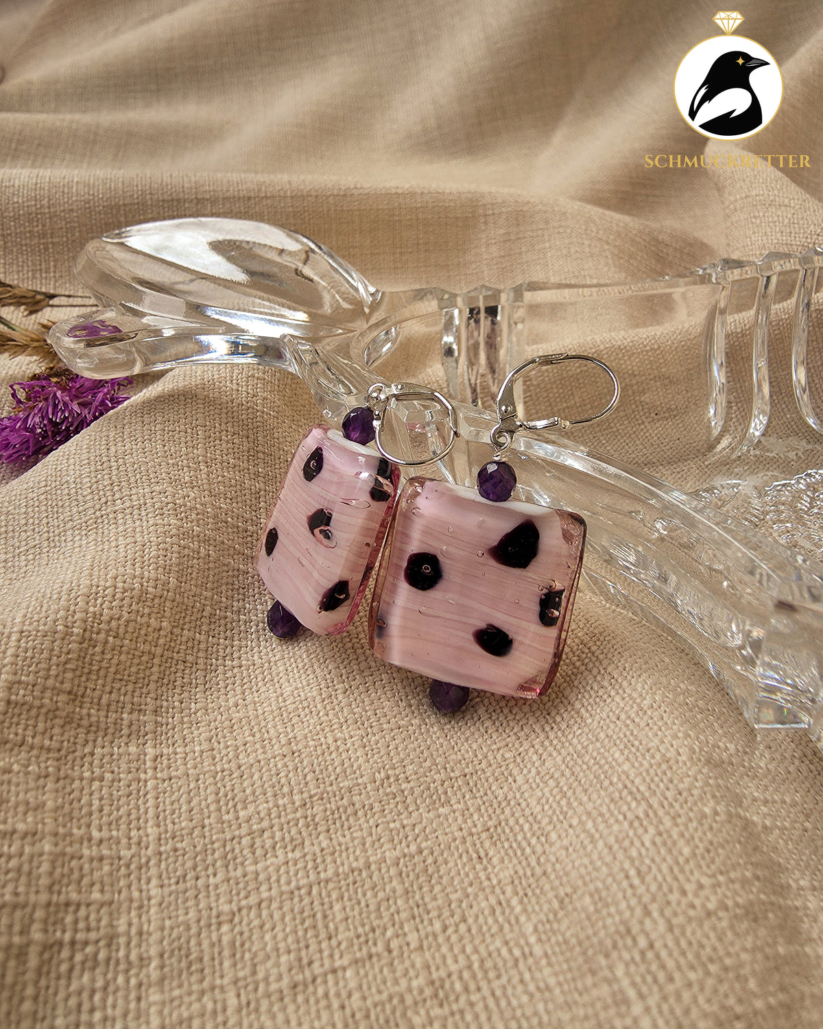 Bonbonladen – handgefertigte Ohrringe mit Glas & Amethyst, Unikat