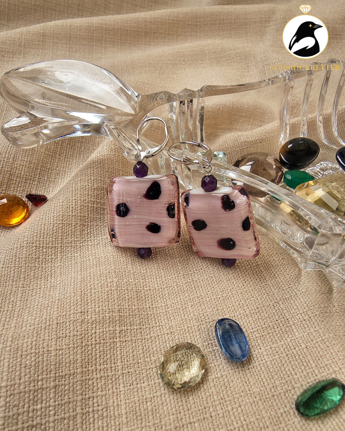 Bonbonladen – handgefertigte Ohrringe mit Glas & Amethyst, Unikat