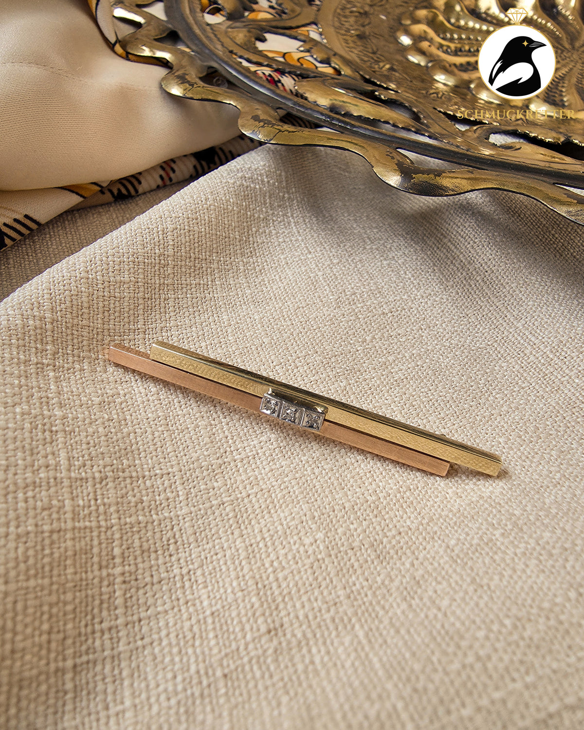 Tricolor Brosche aus 585 Gold mit Diamanten – Gelb, Rot- & Weißgold