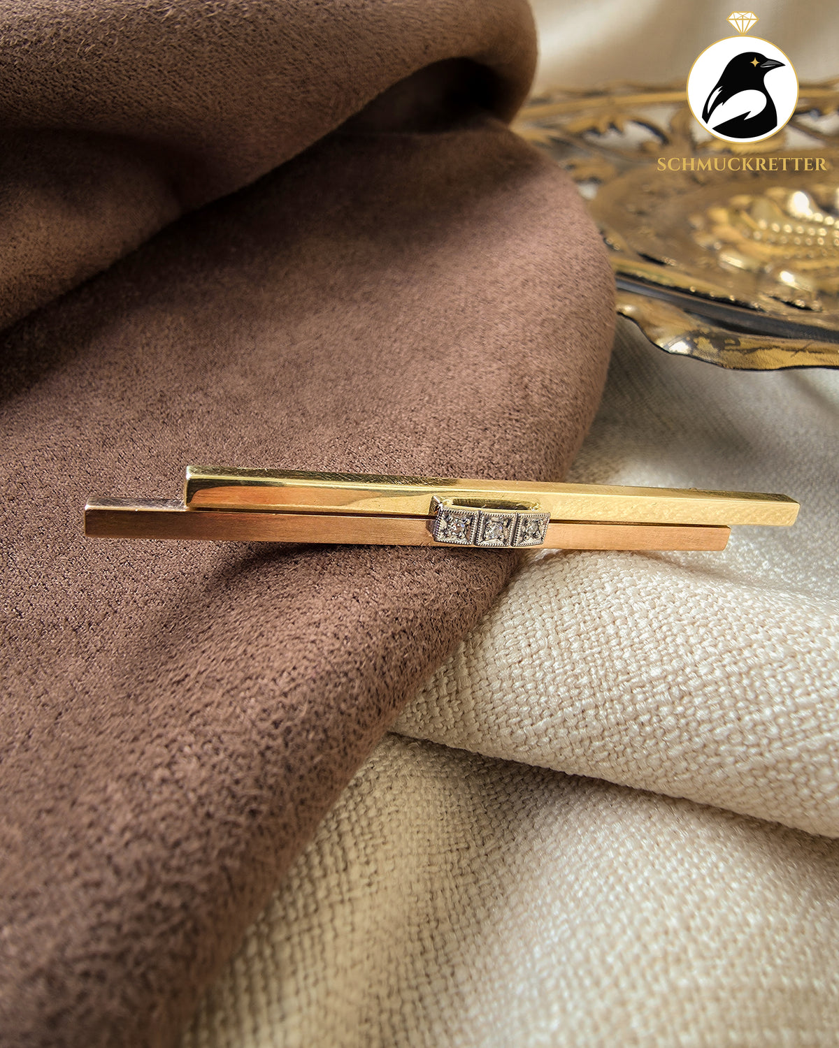 Tricolor Brosche aus 585 Gold mit Diamanten – Gelb, Rot- & Weißgold