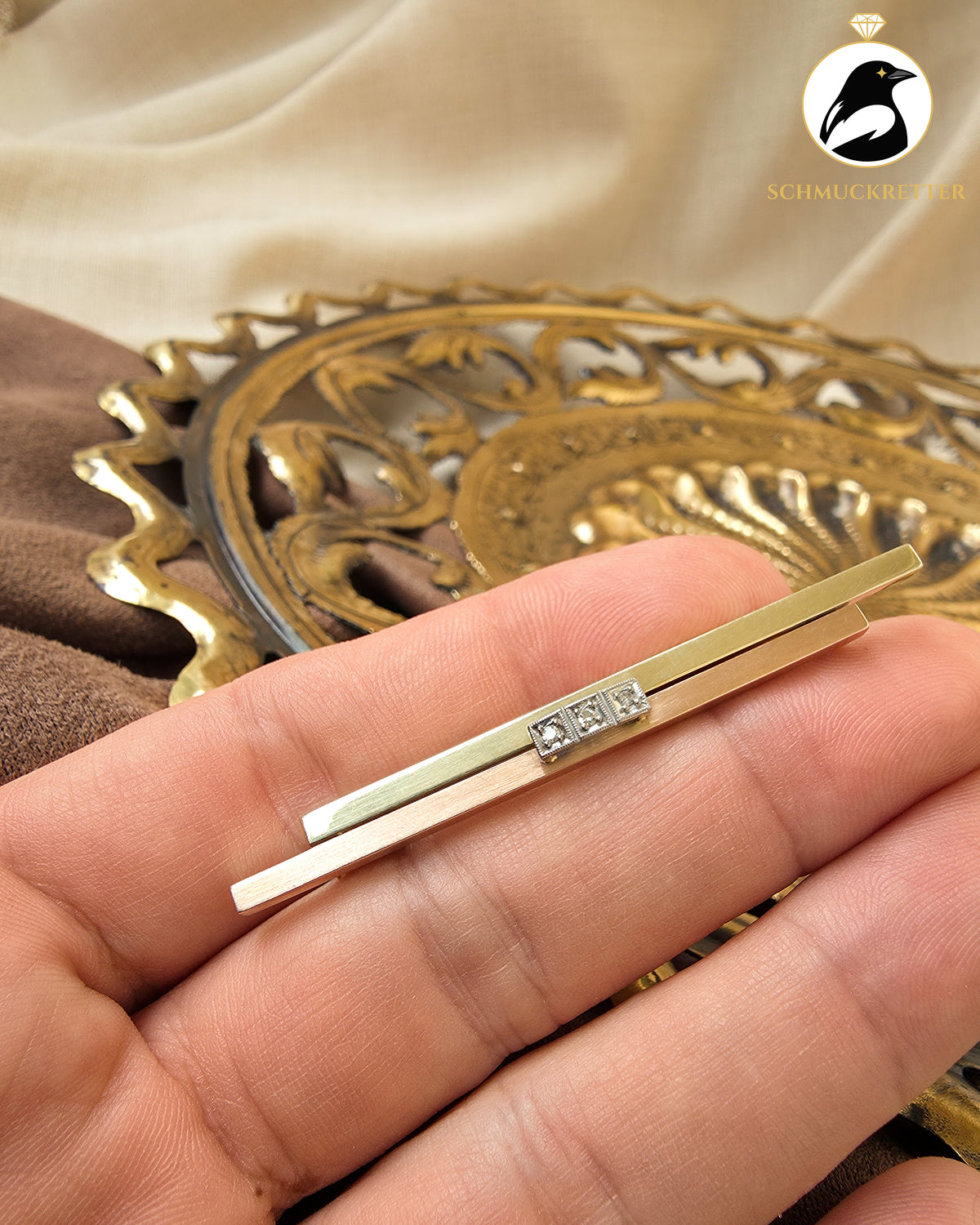 Tricolor Brosche aus 585 Gold mit Diamanten – Gelb, Rot- & Weißgold