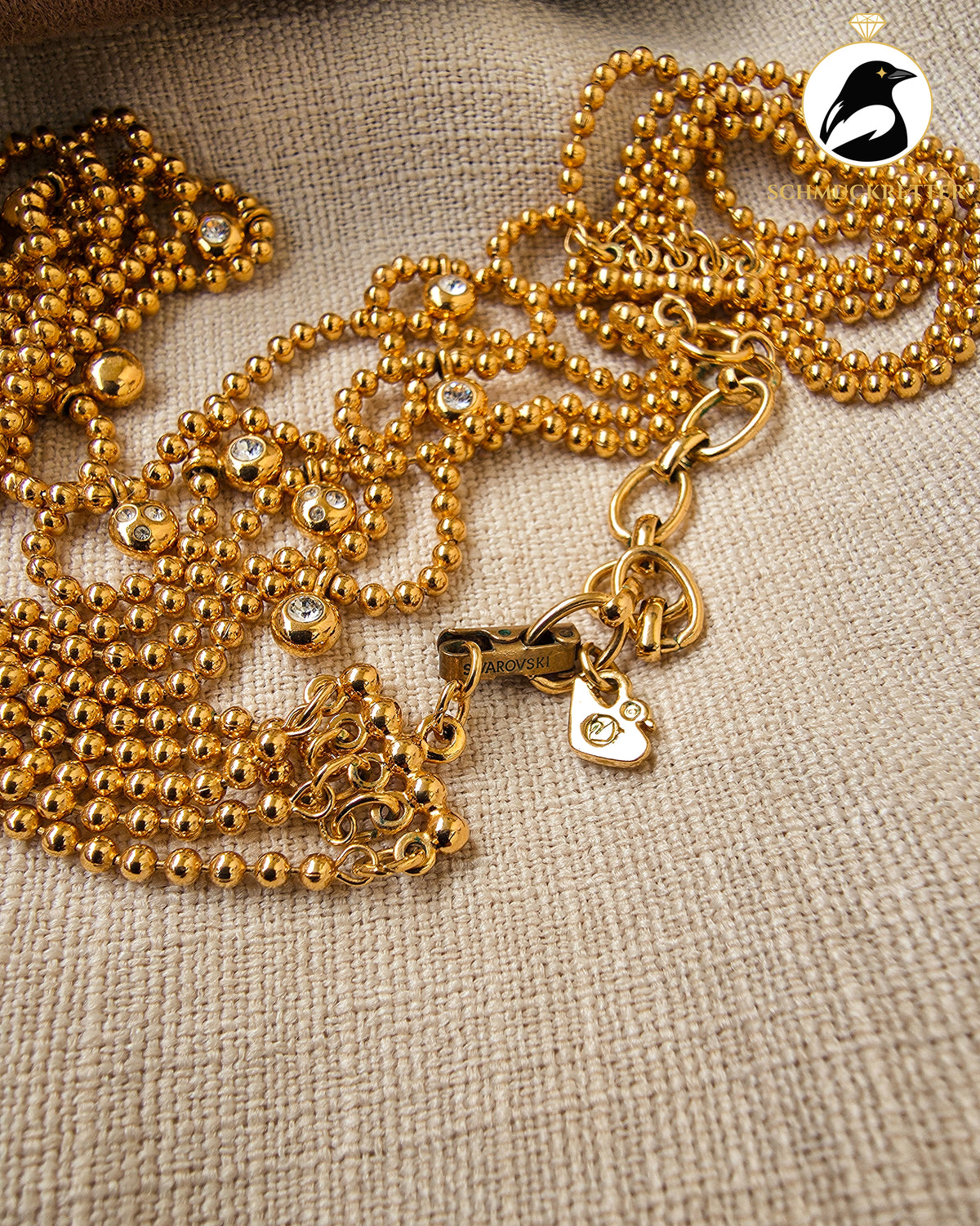 Mehrreihiges Swarovski Collier – vergoldet mit Zirkonia und Kugelkette, Vintage