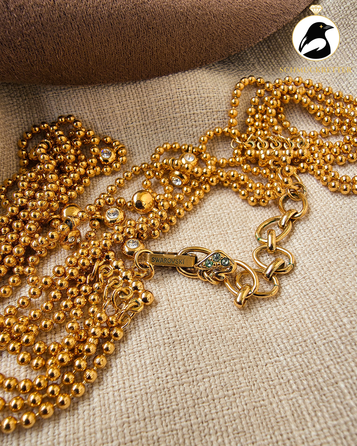 Mehrreihiges Swarovski Collier – vergoldet mit Zirkonia und Kugelkette, Vintage