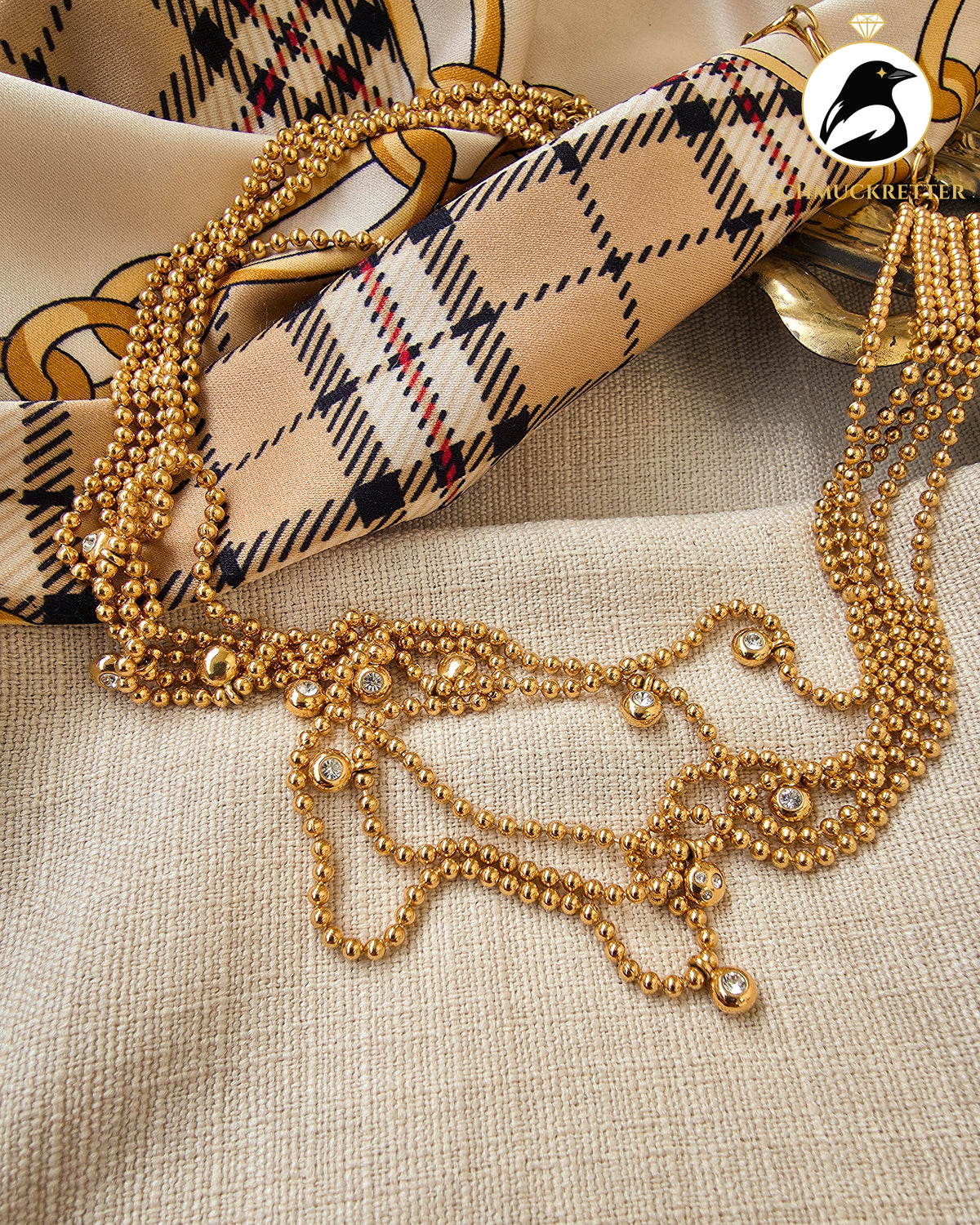 Mehrreihiges Swarovski Collier – vergoldet mit Zirkonia und Kugelkette, Vintage