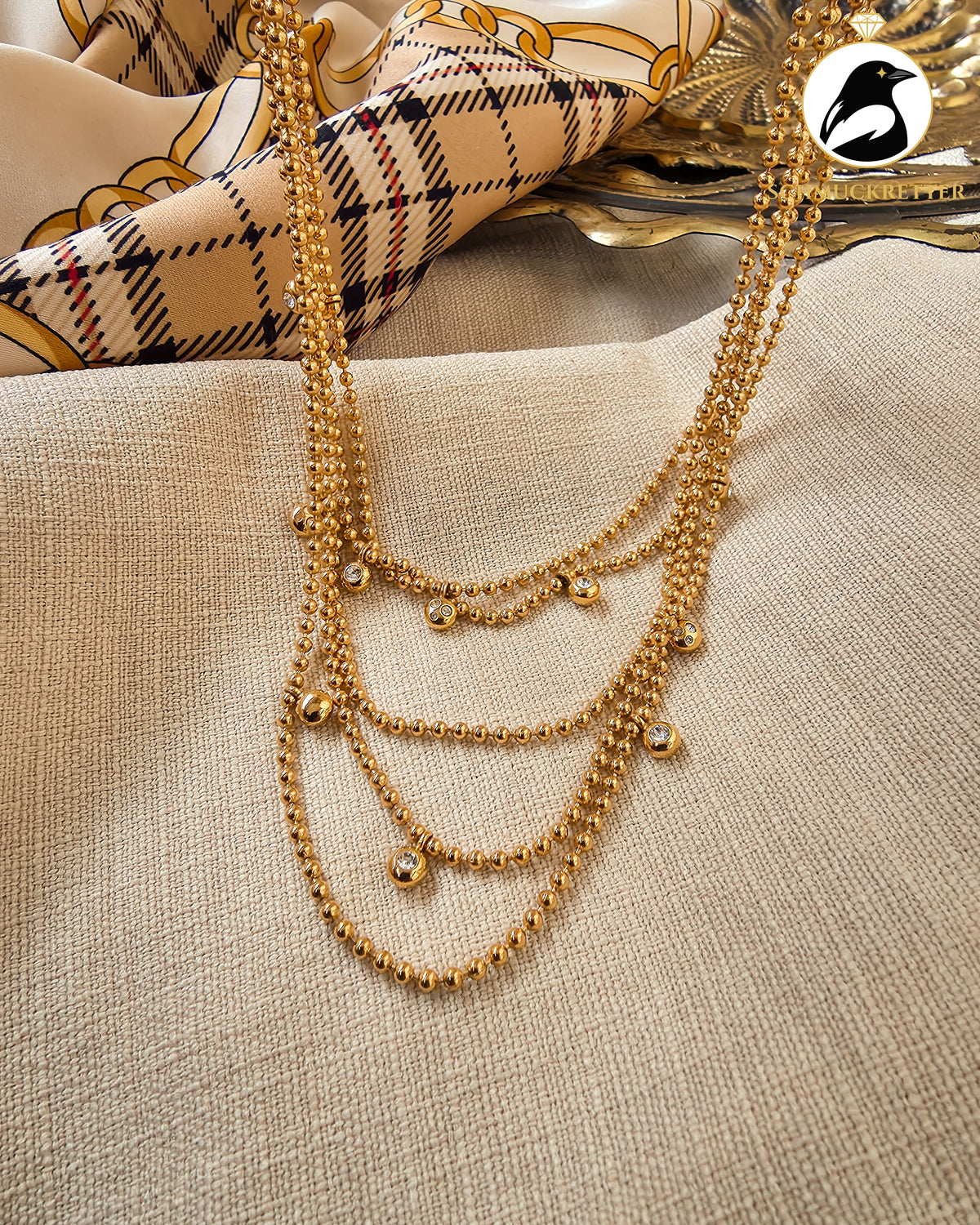 Mehrreihiges Swarovski Collier – vergoldet mit Zirkonia und Kugelkette, Vintage