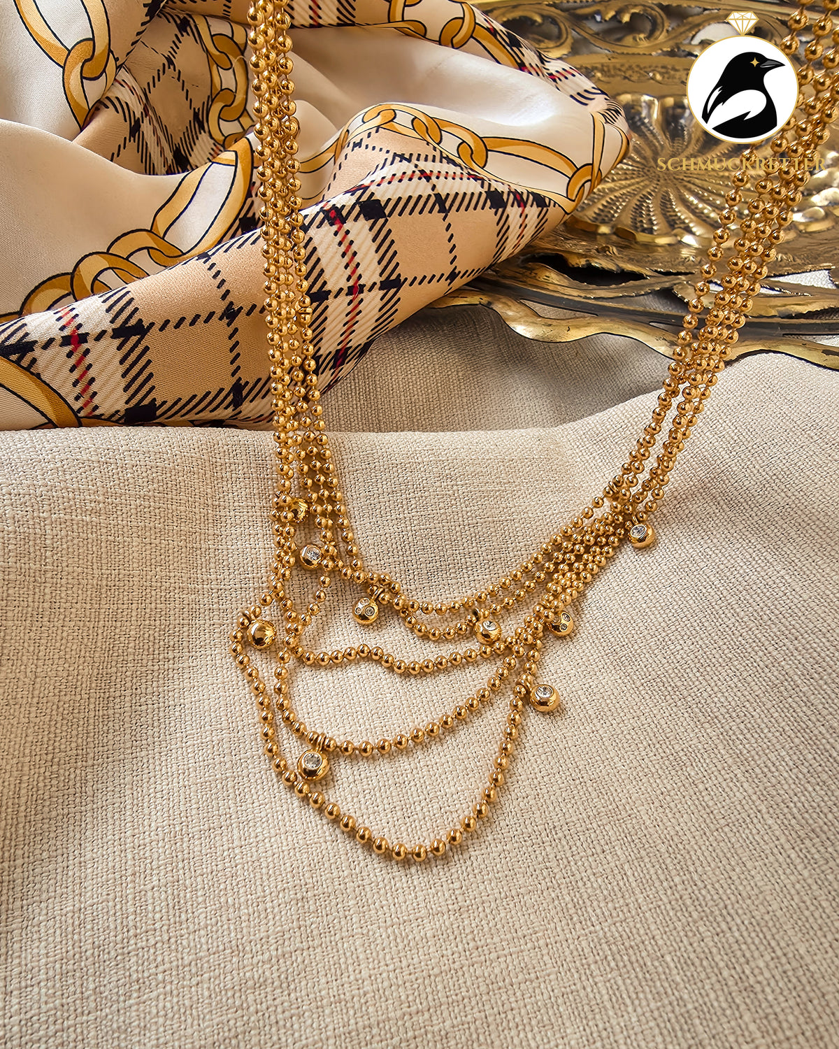 Mehrreihiges Swarovski Collier – vergoldet mit Zirkonia und Kugelkette, Vintage