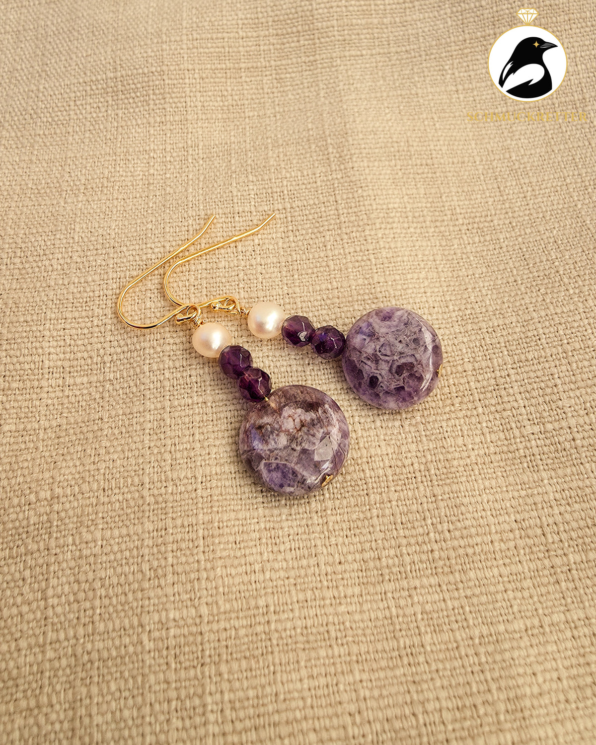 Hexenmagie - handgefertigte Ohrringe mit Amethyst, Süßwasserperlen & Lepidolith in vergoldetem 925 Silber