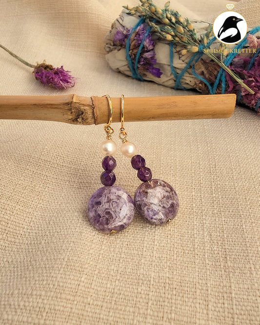 Hexenmagie - handgefertigte Ohrringe mit Amethyst, Süßwasserperlen & Lepidolith in vergoldetem 925 Silber