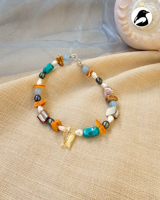 Strandgut 5: Armband mit gelbem Glasfisch, Bernstein, Perlen (Unikat), SALE