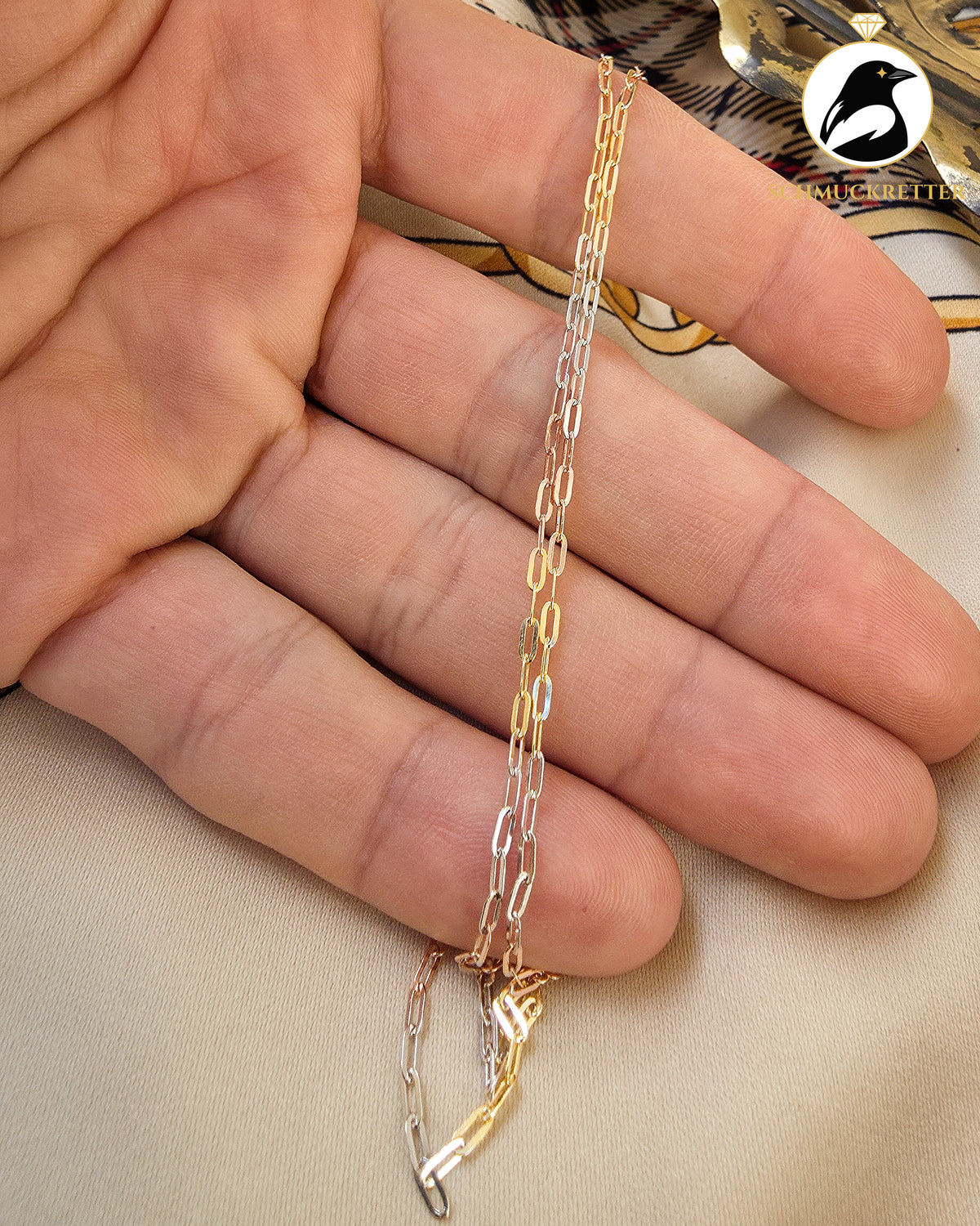 Tricolor-Gliederkette aus 925 Silber – elegante Goldoptik, 45 cm