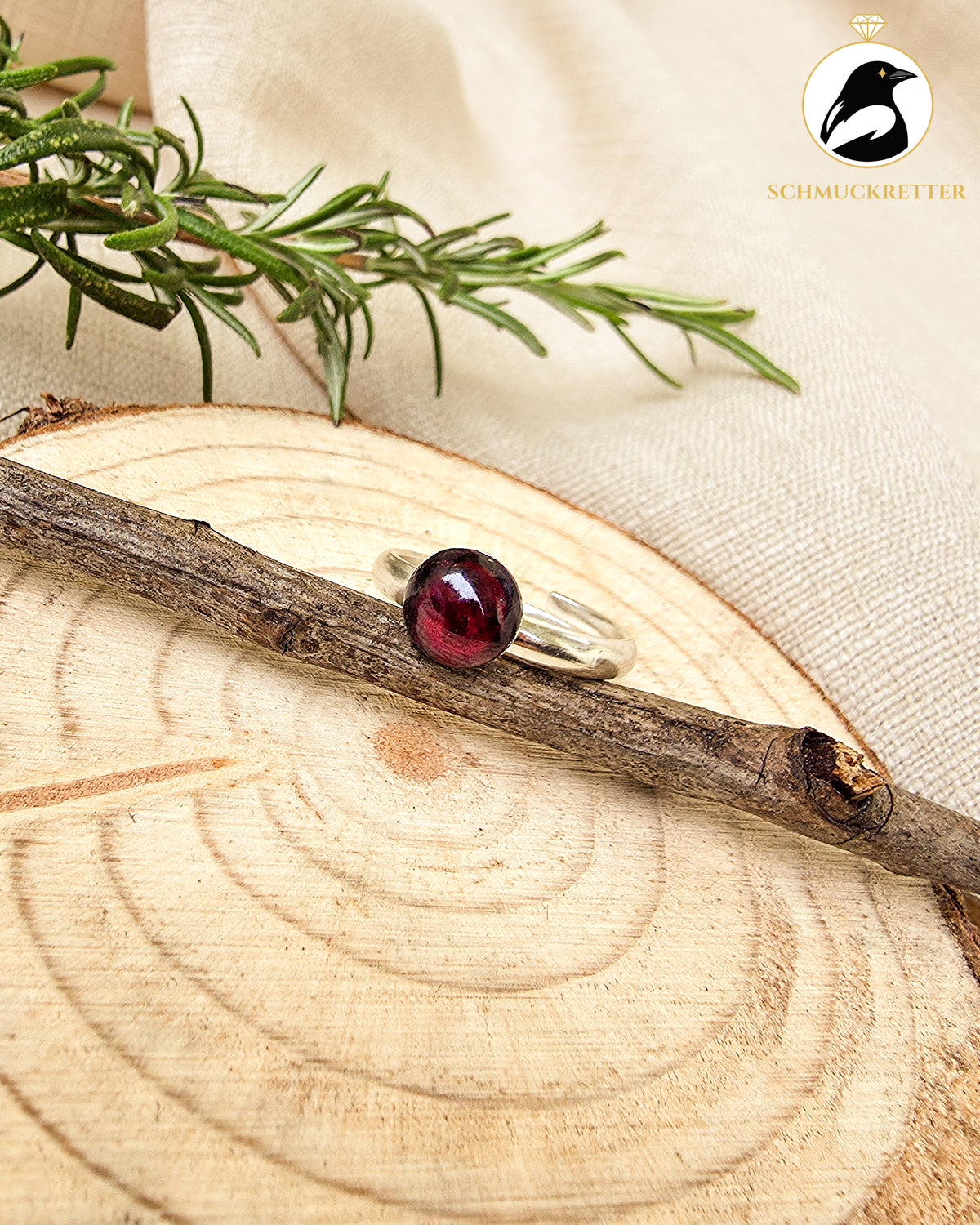 925 Silber Ring mit Granat-Cabochon, verstellbar