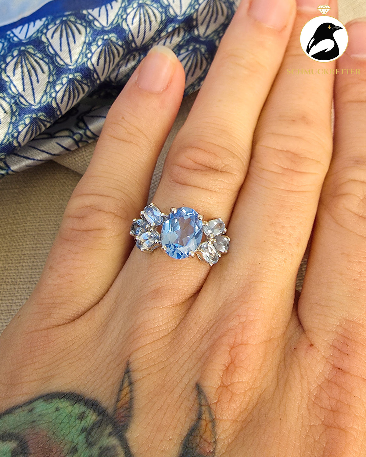 Diamonique Ring mit topasblauen Zirkonia – 925 Silber, Gr. 54