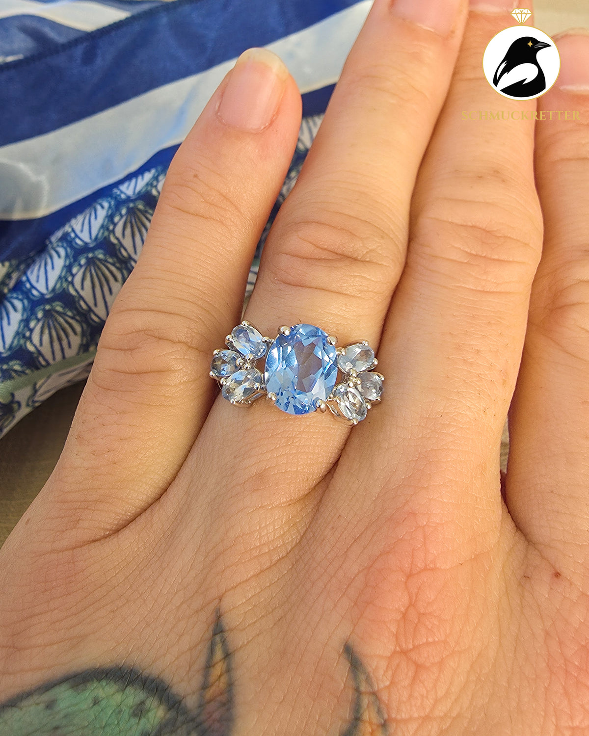 Diamonique Ring mit topasblauen Zirkonia – 925 Silber, Gr. 54