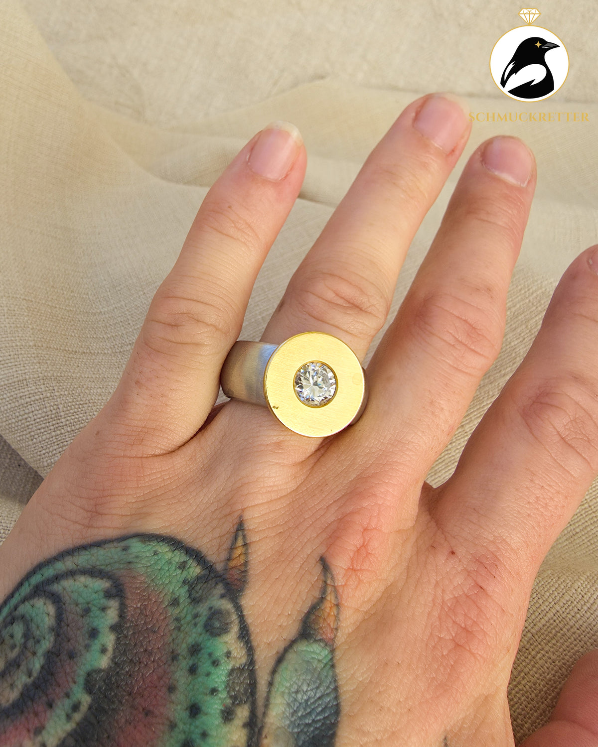 Massiver Bicolor-Ring mit Zirkonia – Edelstahl, Gr.55
