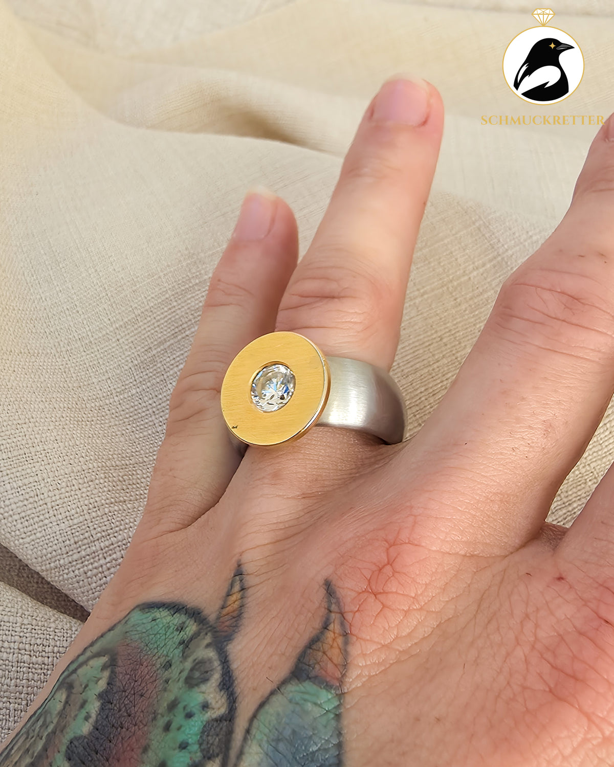 Massiver Bicolor-Ring mit Zirkonia – Edelstahl, Gr.55
