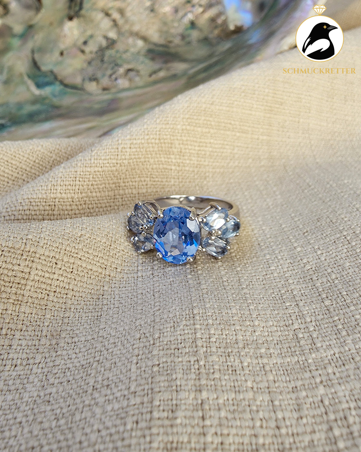 Diamonique Ring mit topasblauen Zirkonia – 925 Silber, Gr. 54
