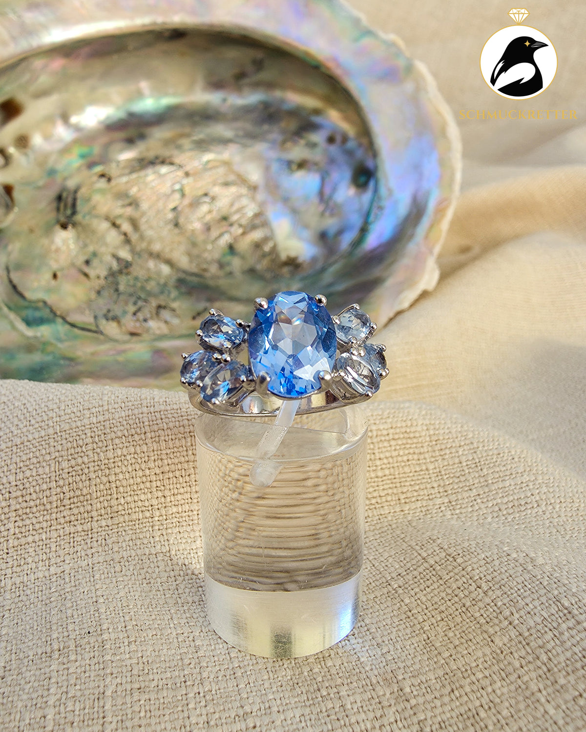 Diamonique Ring mit topasblauen Zirkonia – 925 Silber, Gr. 54