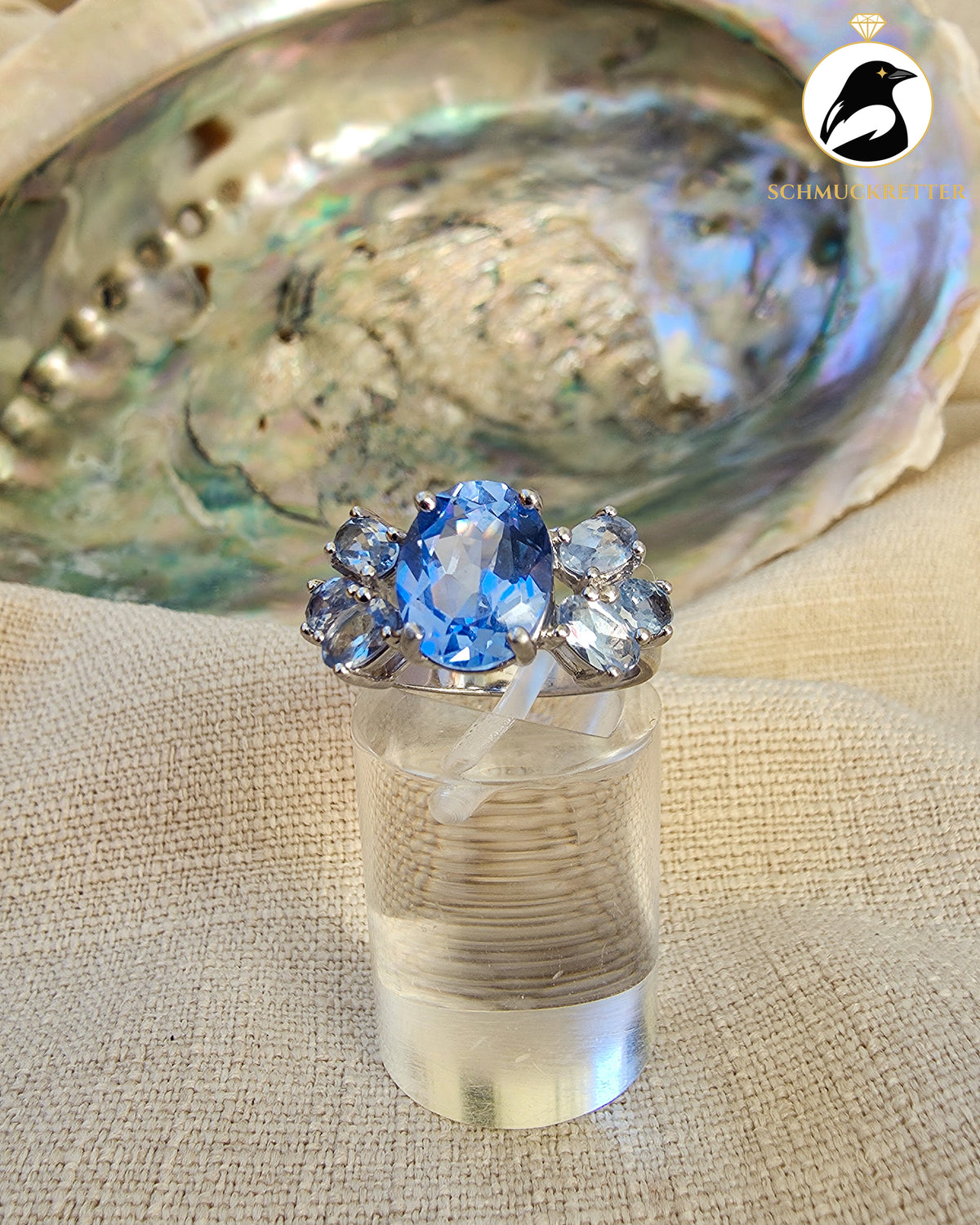 Diamonique Ring mit topasblauen Zirkonia – 925 Silber, Gr. 54
