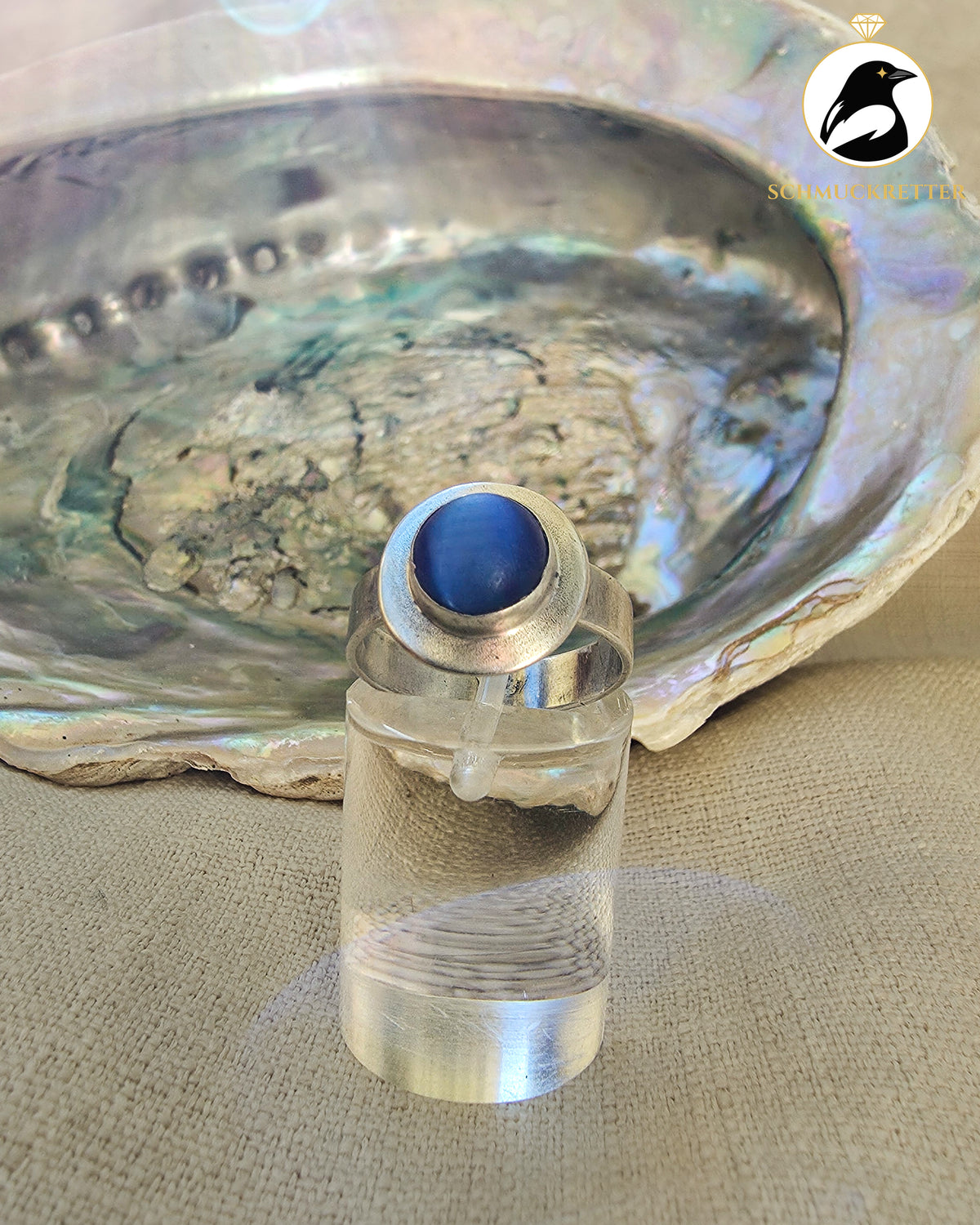 Ring mit blauem Katzenauge (Glas) – echtes Silber, Gr. 54