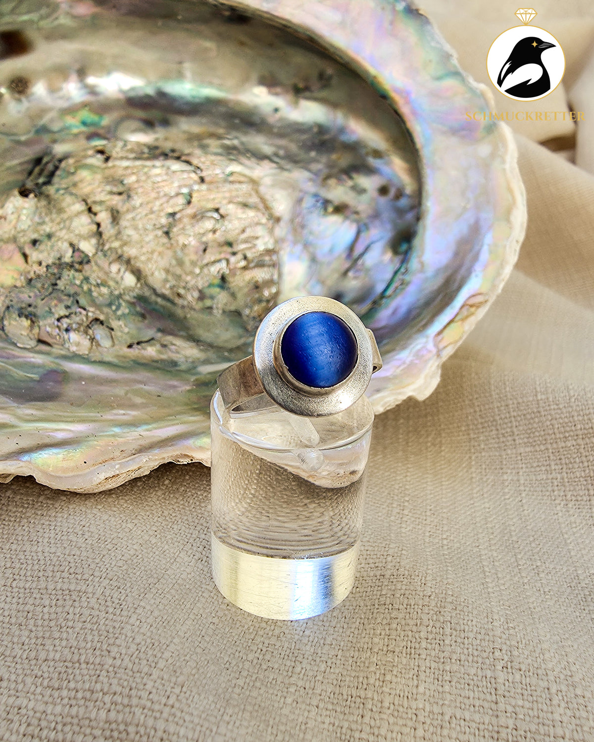 Ring mit blauem Katzenauge (Glas) – echtes Silber, Gr. 54