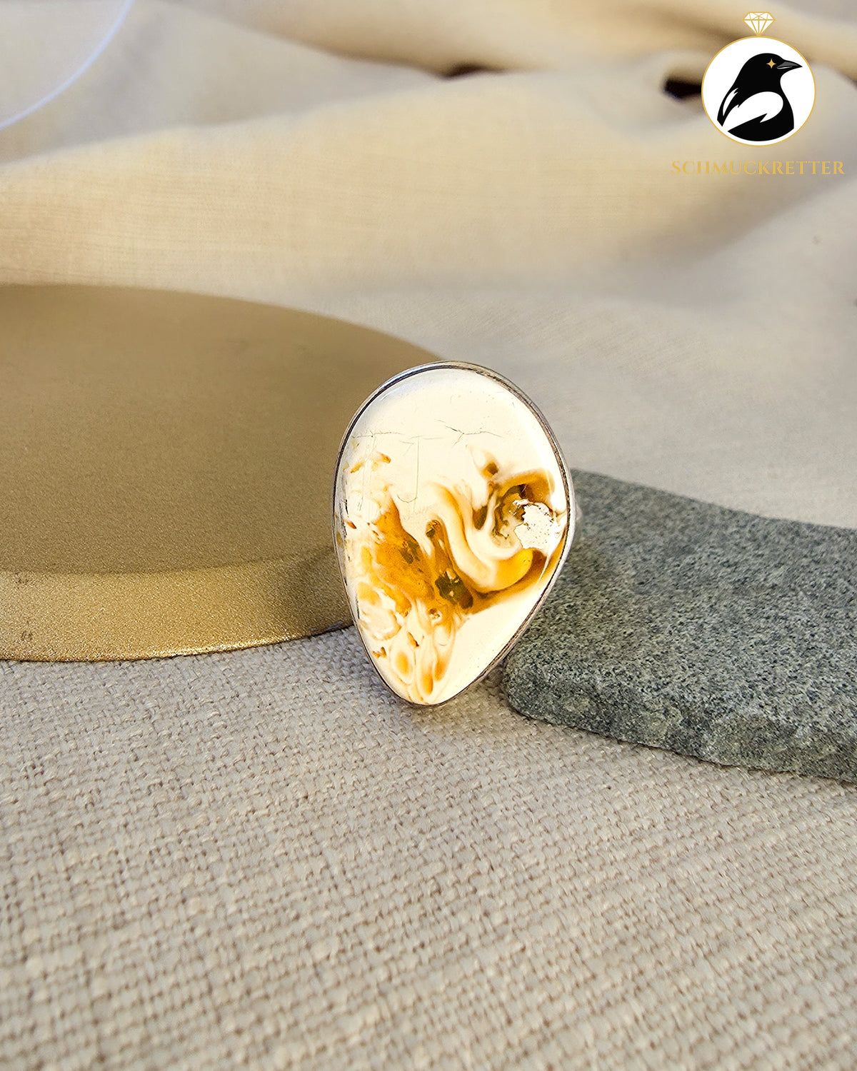 Bernstein Ring mit seltenem Knochenbernstein – 925 Silber, Gr. 56