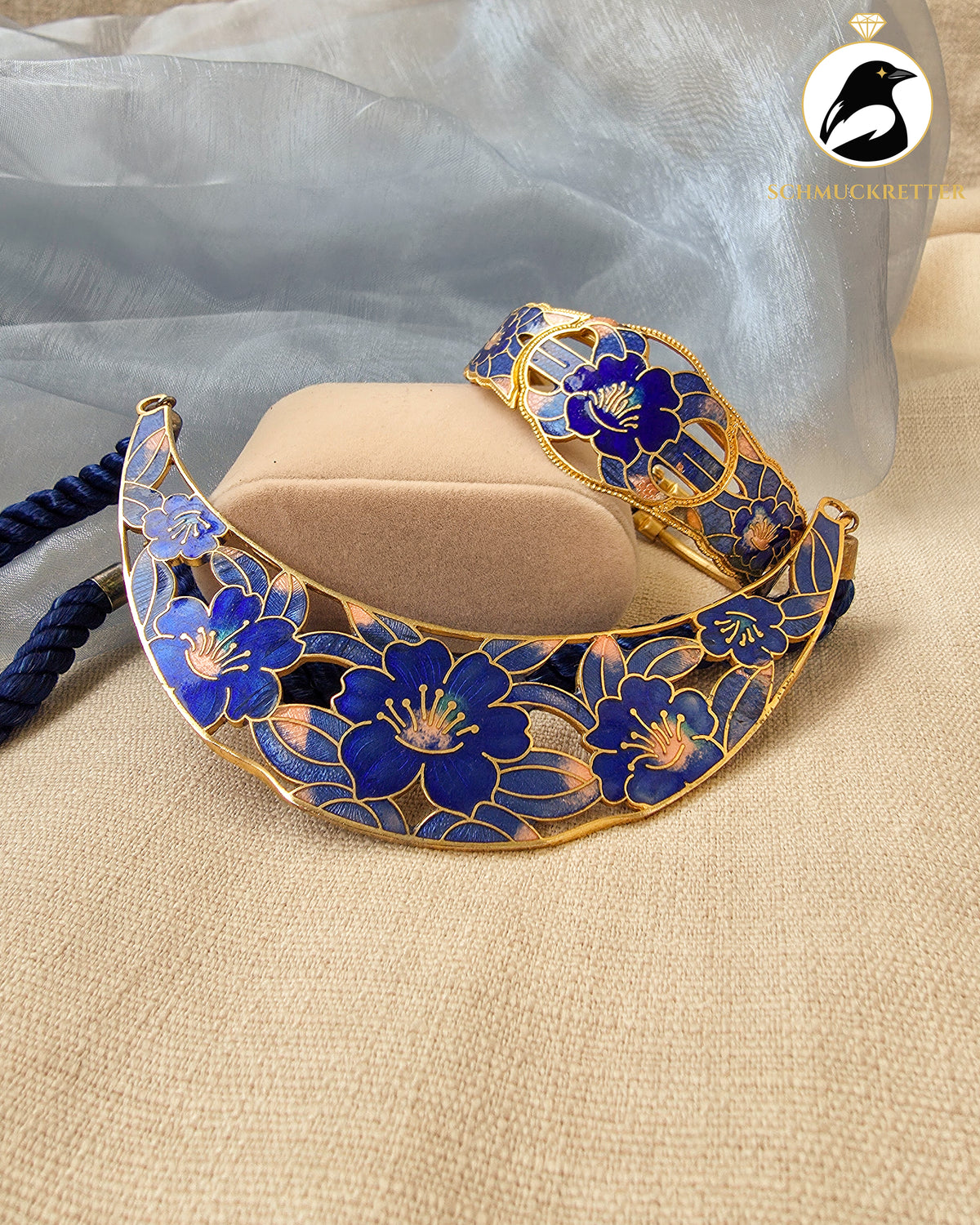Vintage-Schmuckset mit blauem Blütenemail im Cloisonné-Stil – vergoldet