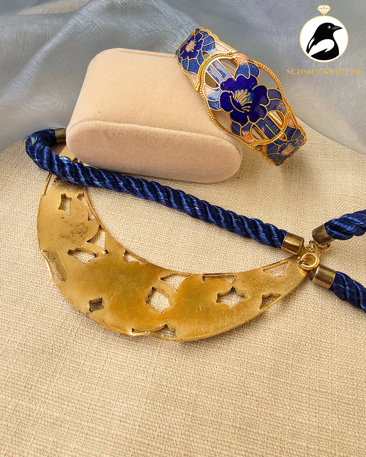 Vintage-Schmuckset mit blauem Blütenemail im Cloisonné-Stil – vergoldet