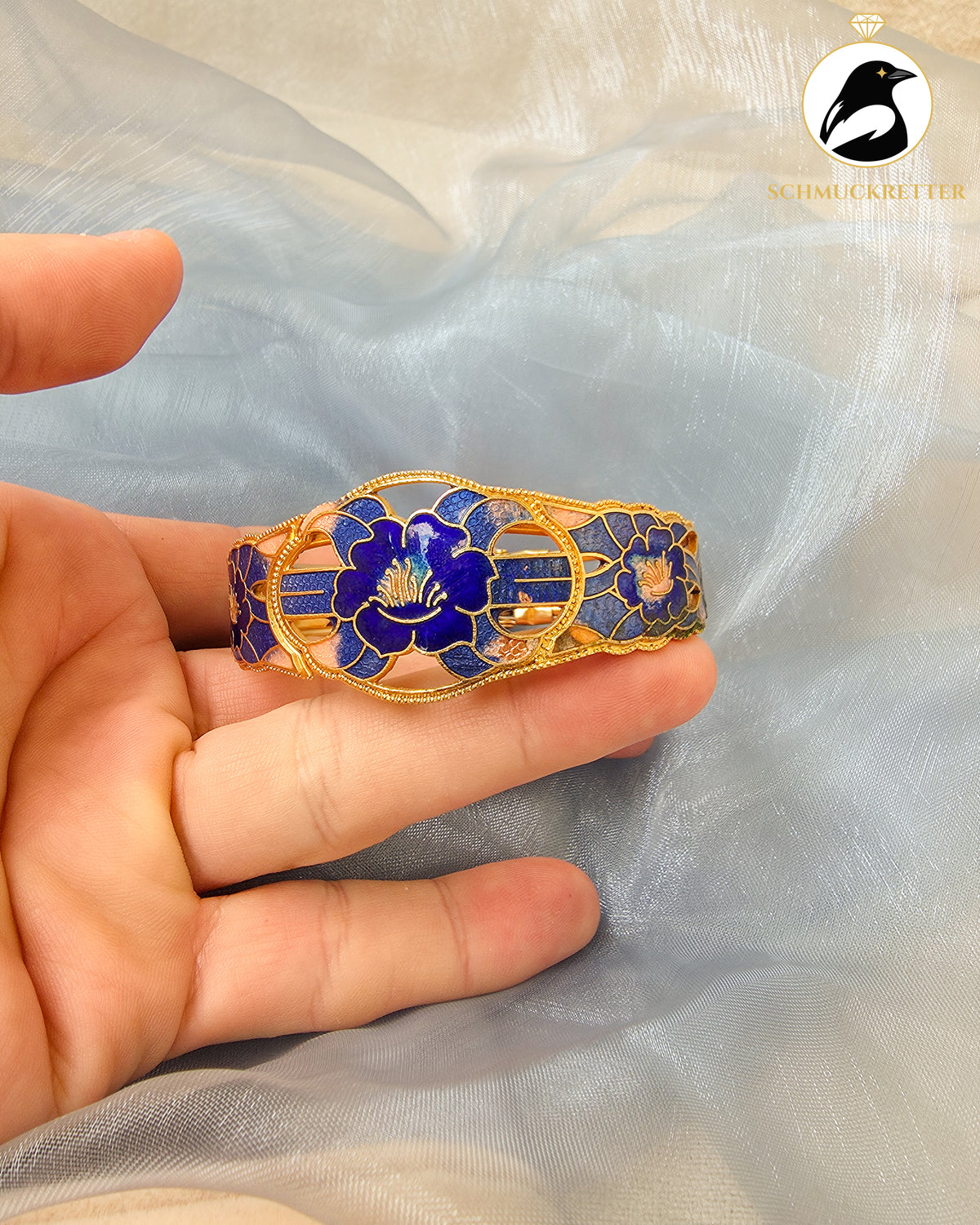 Vintage-Schmuckset mit blauem Blütenemail im Cloisonné-Stil – vergoldet