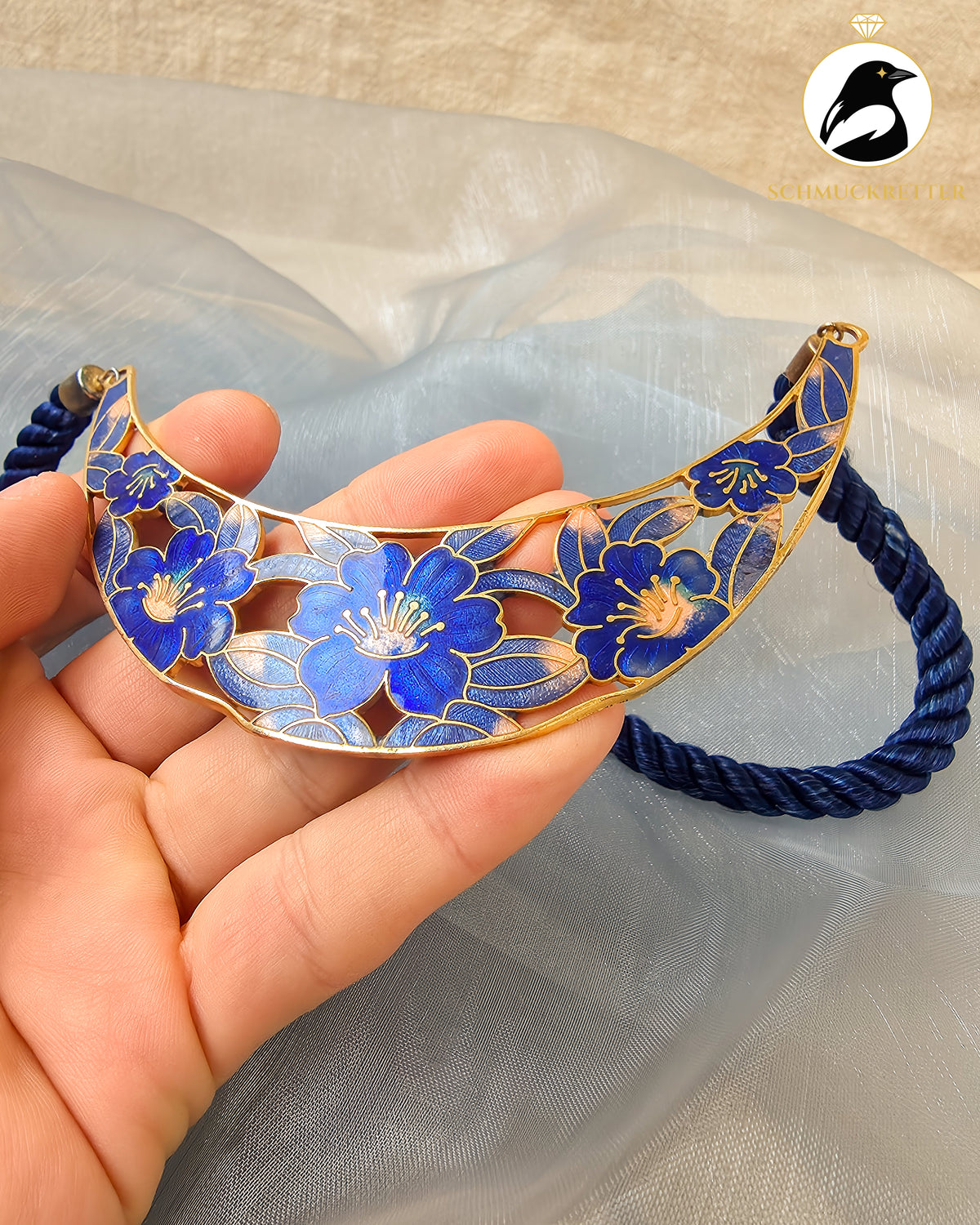 Vintage-Schmuckset mit blauem Blütenemail im Cloisonné-Stil – vergoldet
