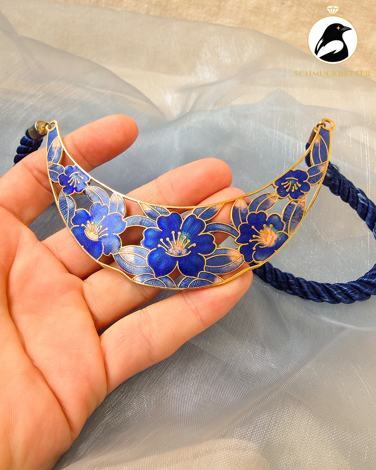 Vintage-Schmuckset mit blauem Blütenemail im Cloisonné-Stil – vergoldet