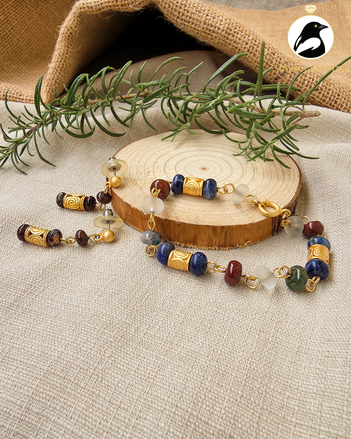 Ethnoset│Vergoldetes Armband + Ohrringe mit Edelsteinen