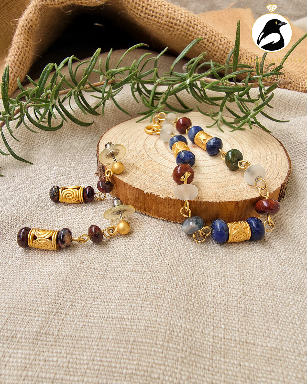 Ethnoset│Vergoldetes Armband + Ohrringe mit Edelsteinen