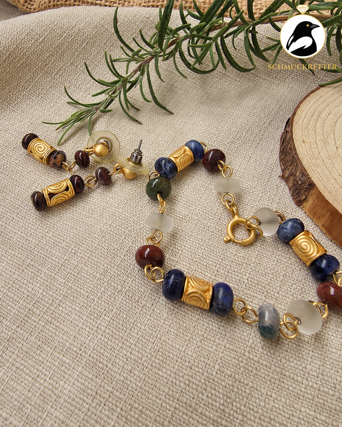 Ethnoset│Vergoldetes Armband + Ohrringe mit Edelsteinen