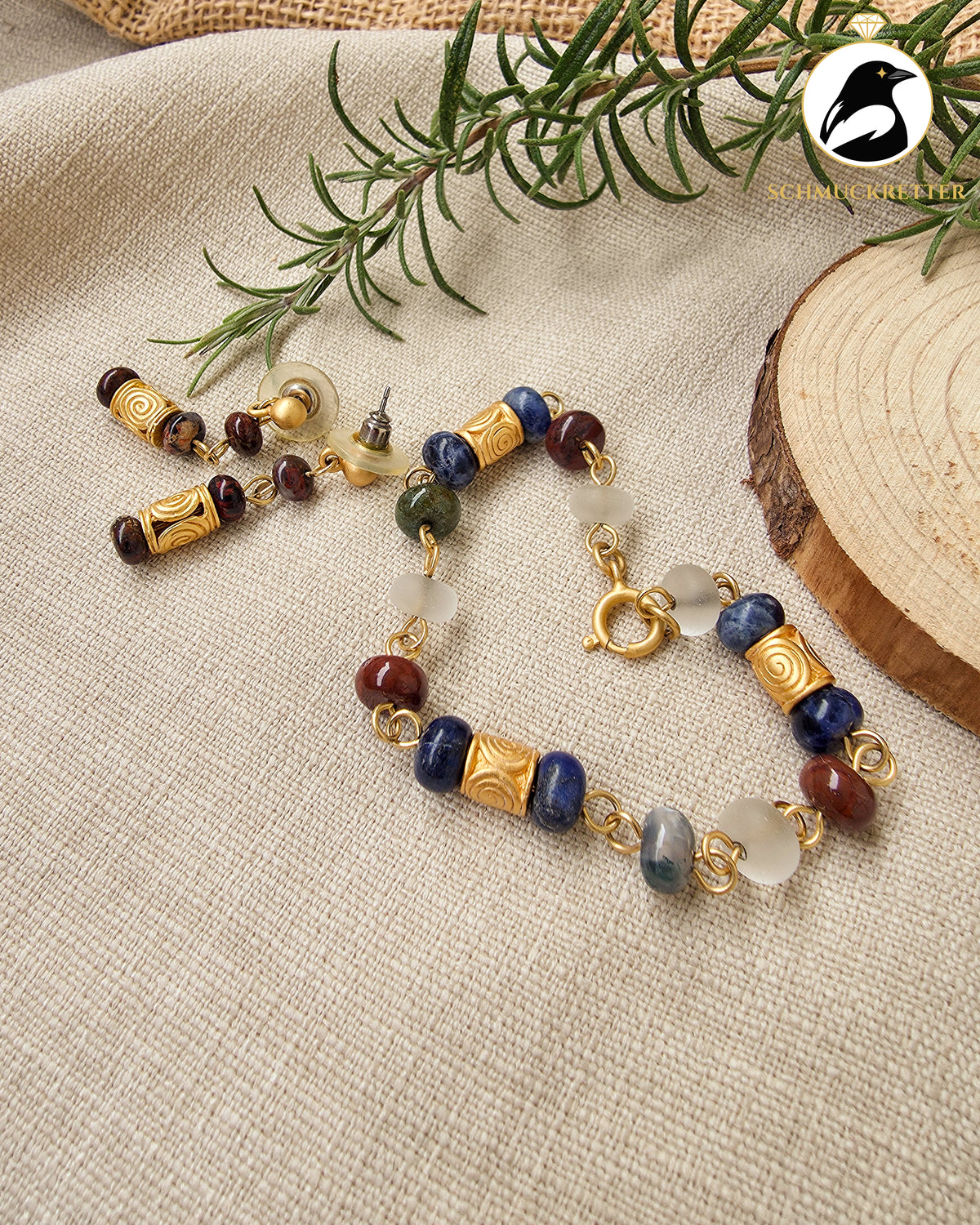 Ethnoset│Vergoldetes Armband + Ohrringe mit Edelsteinen