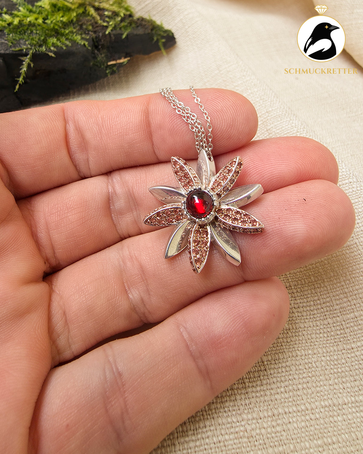 Blütencollier mit Granat & zimtbraunem Hessonit – 925 Silber