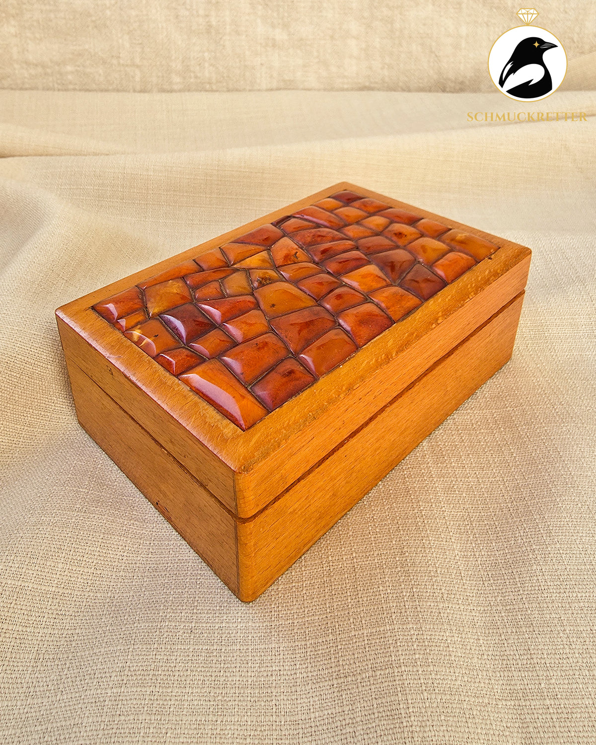 Holzschatulle mit Bernsteinmosaik – Vintage Schmuckkästchen