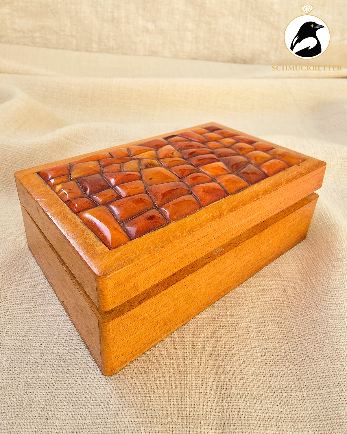 Holzschatulle mit Bernsteinmosaik – Vintage Schmuckkästchen