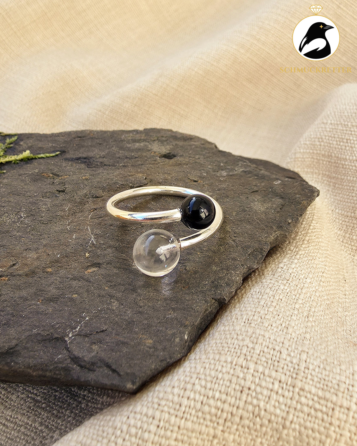 Double Trouble | Offener Kugelring mit Bergkristall & Onyx aus 925 Silber