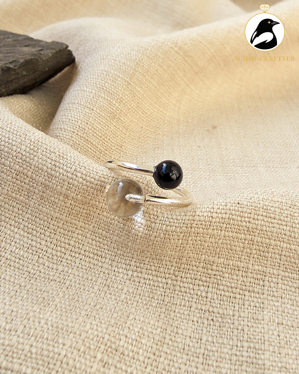 Double Trouble | Offener Kugelring mit Bergkristall & Onyx aus 925 Silber