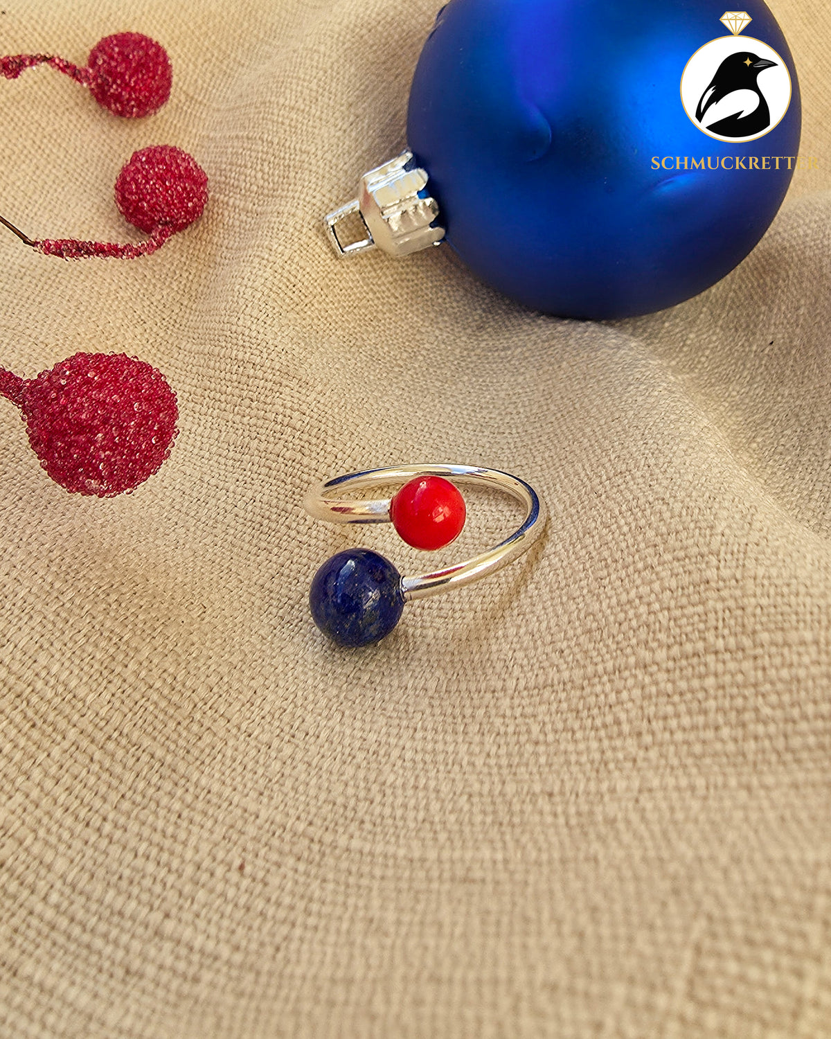 Double Trouble | Offener Kugelring mit Lapislazuli & Bambuskoralle aus 925 Silber